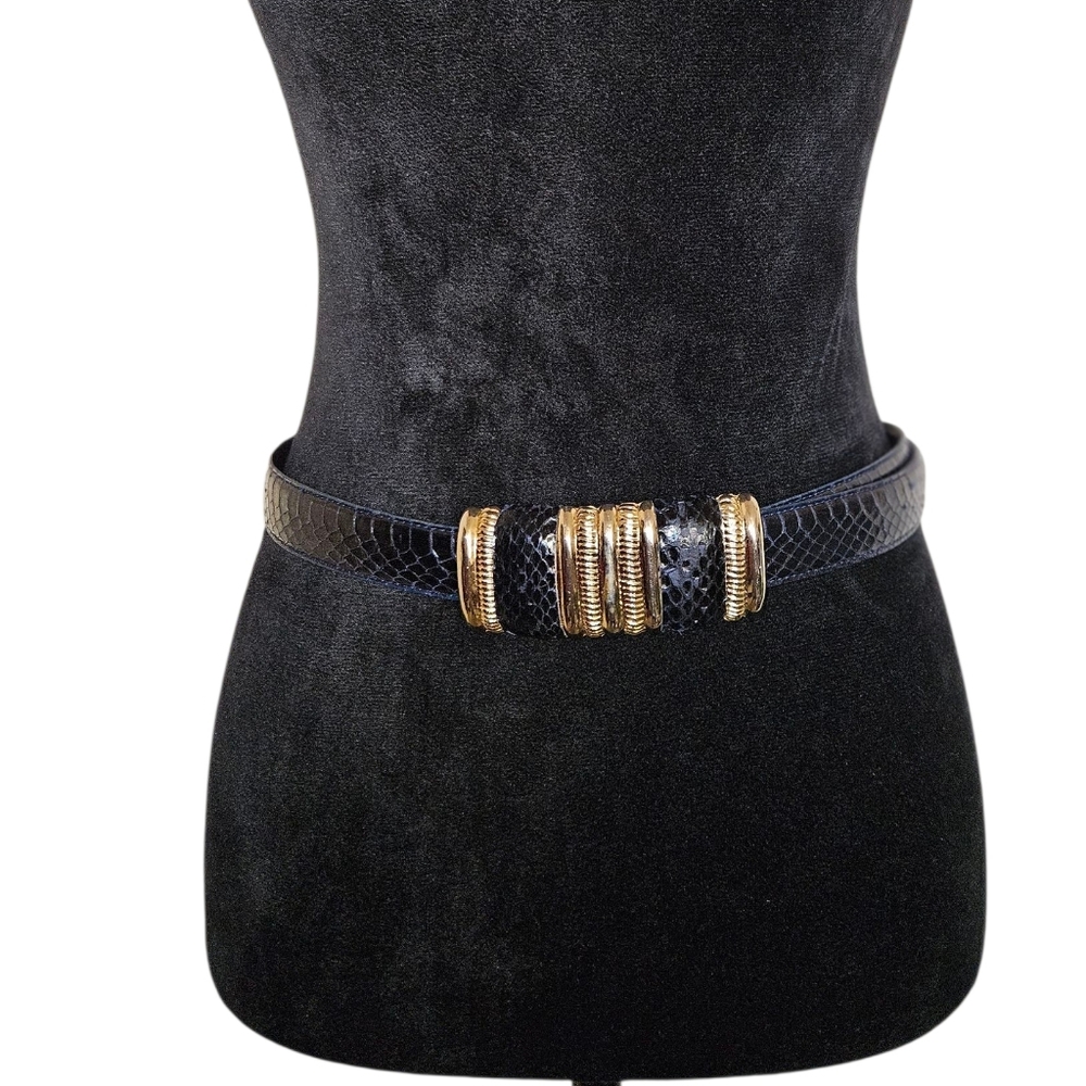 Vintage Women's Leather Shop Navy Blue Snakeskin Embellished Buckle Belt Size L